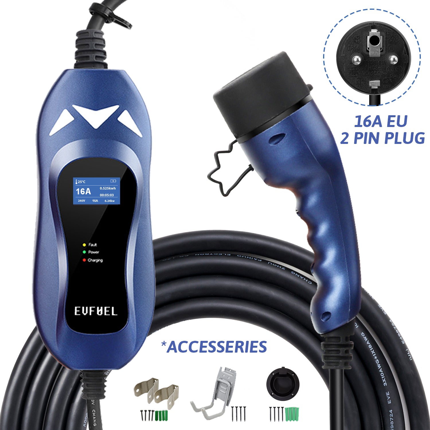 Type 2 EVSE home charger for portable charging . 16A Blue CEE Plug