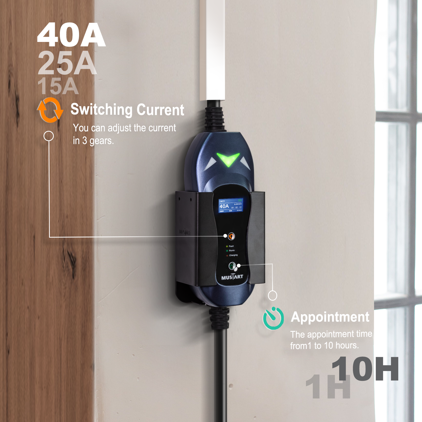 MUSTART Level 2 EV Charger 15 25 40 Amp Adjustable NEMA 14 50 240V 25FT