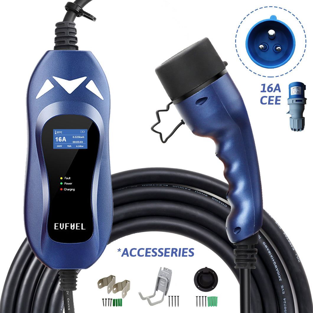 EVFUEL - Type 2 EV Charger | 16A | Single-Phase CEE Plug | 250V | 4KW | 5 Meters | Portable
