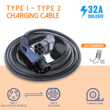 Load image into Gallery viewer, EVFUEL - Type 2 EV Charging Cable | 32A | Type 1 to Type 2 | MAX 32 Amp | 250V | 4KW/8KW | 5 Meters | Portable
