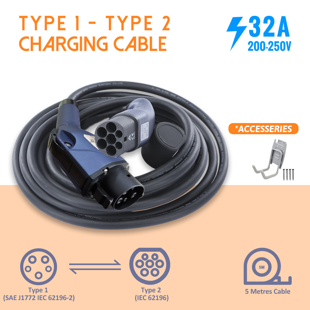 EVFUEL - Type 2 EV Charging Cable | 32A | Type 1 to Type 2 | MAX 32 Amp | 250V | 4KW/8KW | 5 Meters | Portable