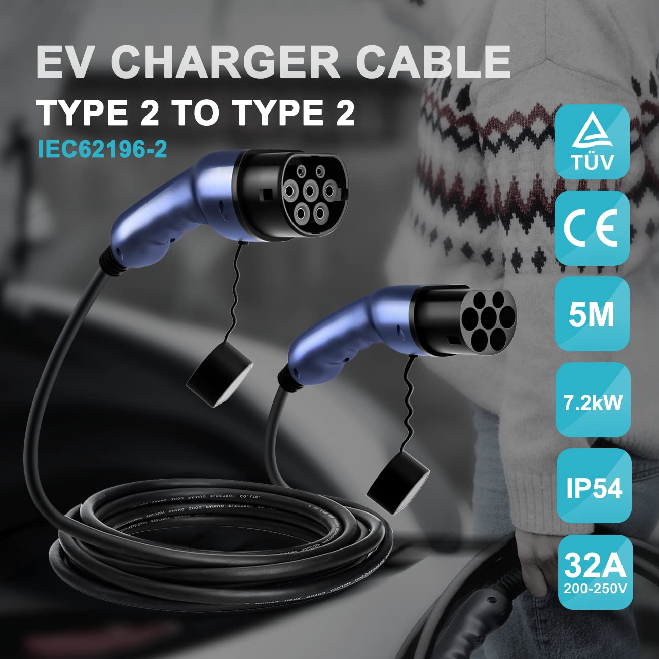 Type 2 EV Charging Cable 1phase 32A 7.2KW IEC 62196 for Electric car charger  5M
