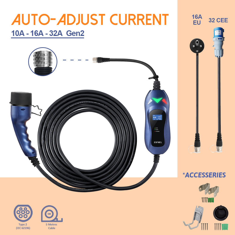 EVFUEL - Type 2 EV Charger  | 32A | Adjustable Charging Station | EU 2 pin Plug (16A) | 32A CEE Outlet | 250V | MAX 8KW | 5 Meters | Portable | Intelligent Plug Identification Auto-Adjust Max Safe Current